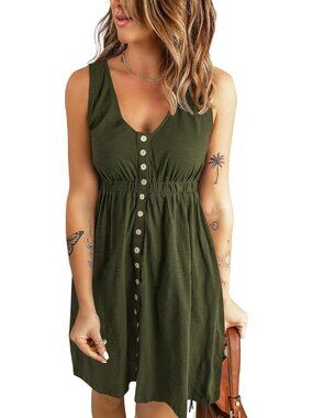 Women's Buttons Green Spring Clothes Sleeveless Crew neck Mini Flowy Sun Dresses